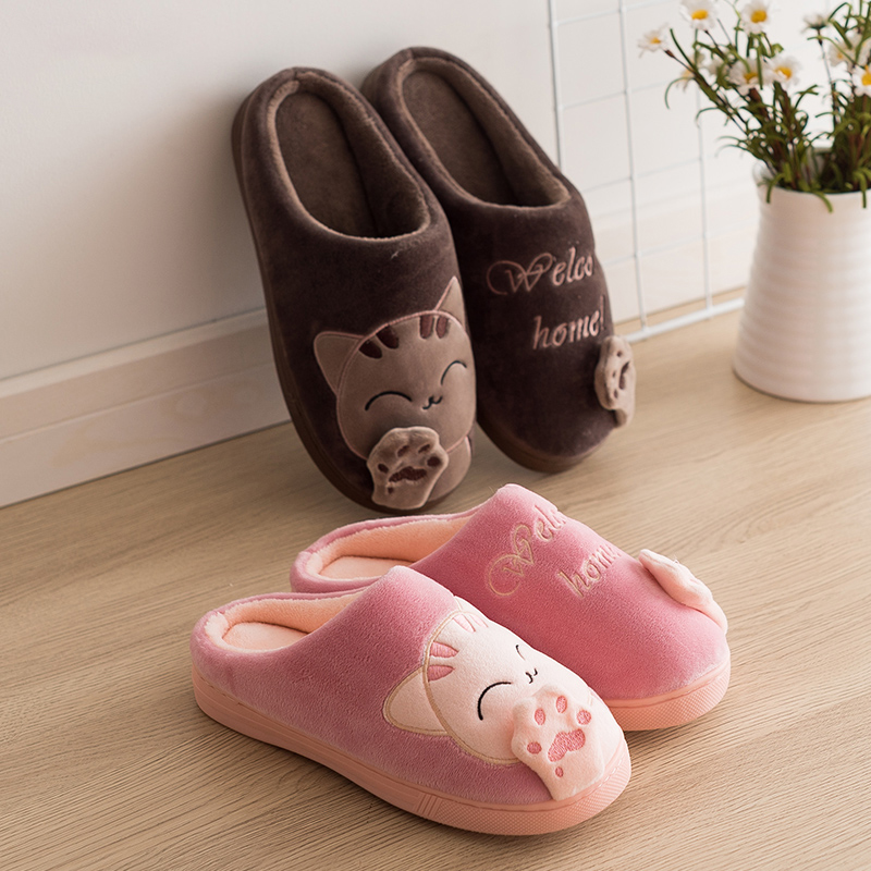 Chinelos femininos com decoração de gato Kawaii, sapatos confortáveis forrados de pelúcia, sapatos quentes de inverno femininos