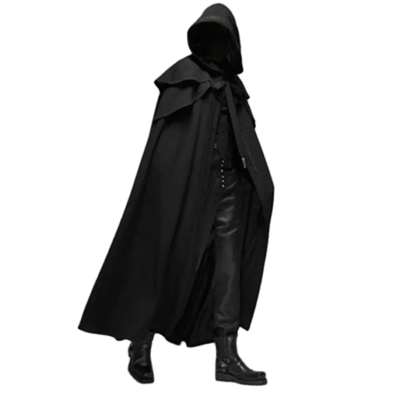 Manteaux noirs amples à capuche, Vintage médiéval, Trench coupe-vent Chic, longue Cape d'hiver, Poncho gothique pour hommes, Cosplay de moine
