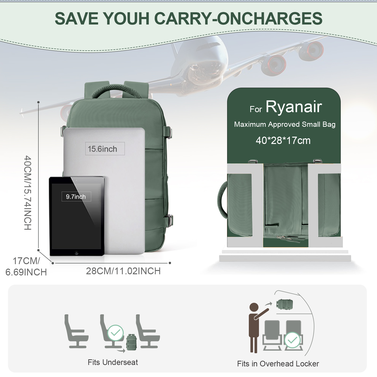 Mochila de viagem de cabine para homens e mulheres Ryanair Mochila Bagagem de mão Lazer Laptop Bag Cabin Bag 40x20x25