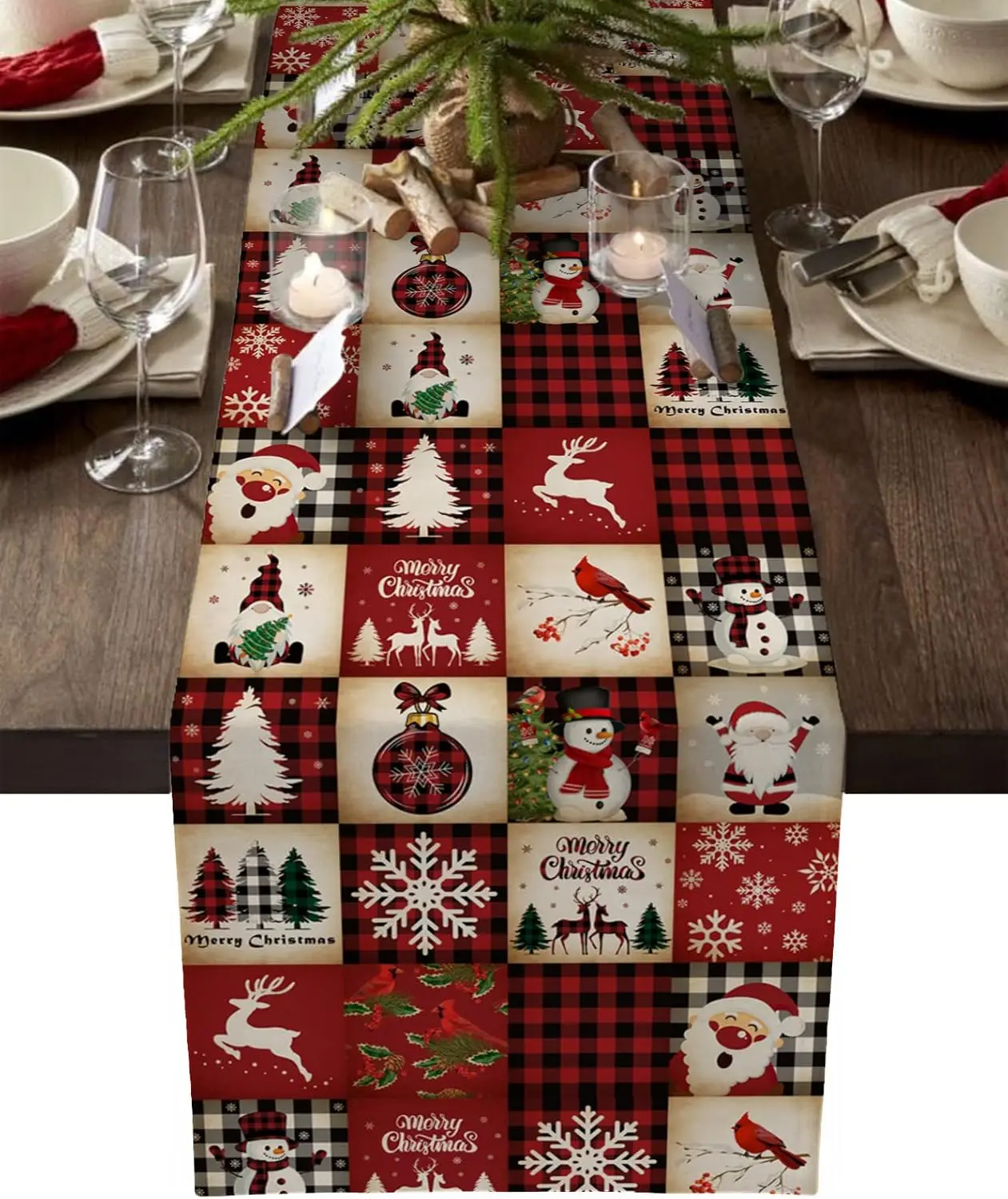 Camino de mesa de lino a cuadros rojo, gnomos navideños, muñeco de nieve, bufandas de tocador, camino de mesa de cocina de Navidad para invierno, decoraciones navideñas