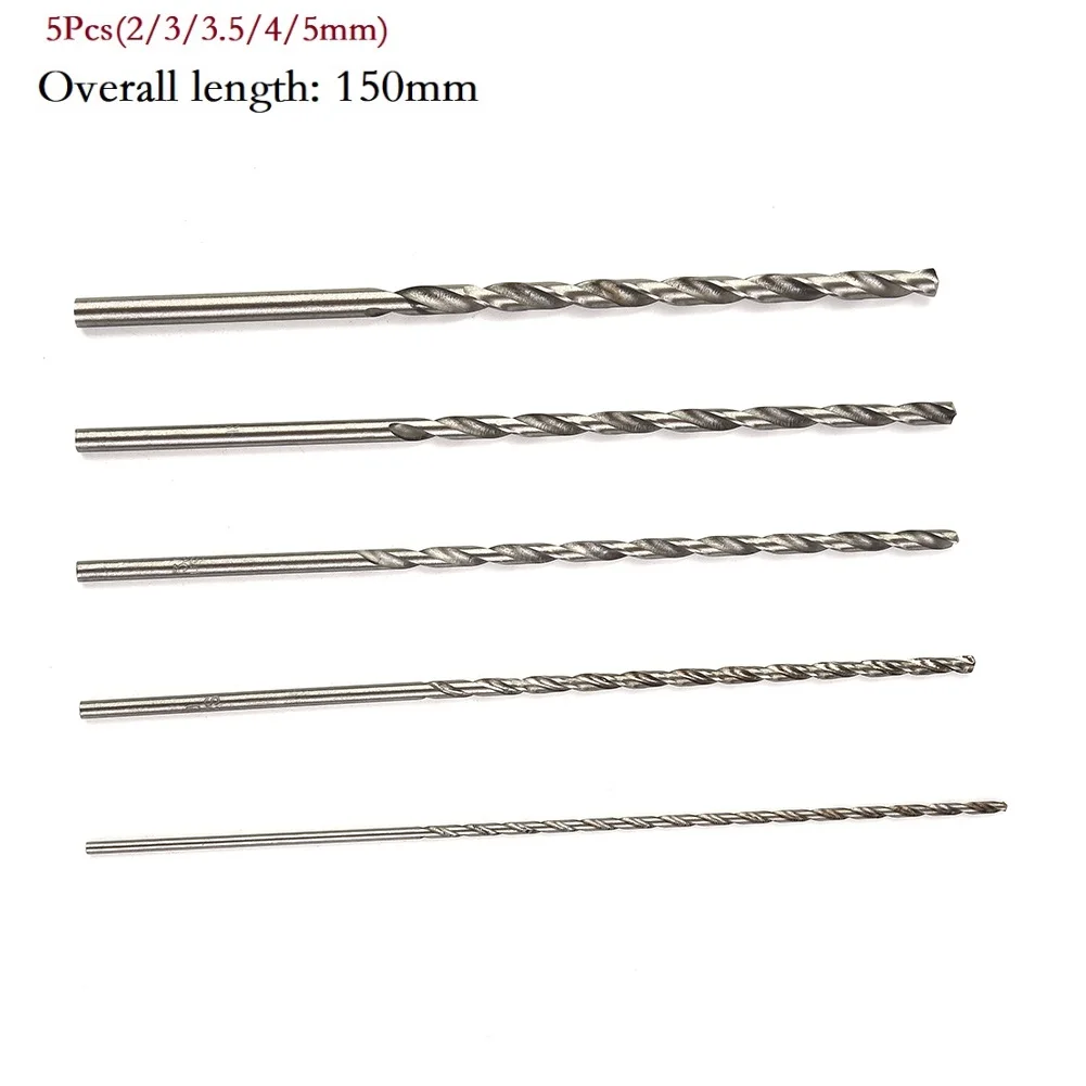 Juego de brocas de acero de alta velocidad HSS Extra largas, 5 uds., 150mm, 2mm/3mm,3,5mm,4mm,5mm, brocas para madera, aluminio, plástico