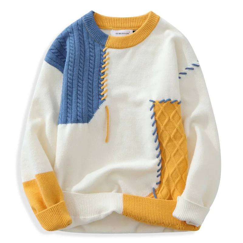 2025 outono inverno quente masculino suéteres estilo coreano retalhos pullovers em torno do pescoço camisola de malha das mulheres dos homens moda malhas