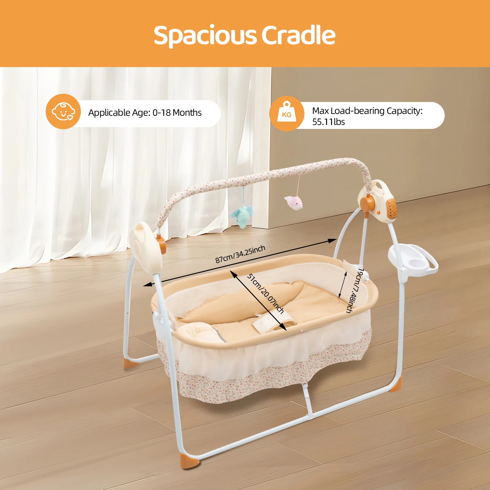 Electric Baby Crib Cradle, 0-18 MonthsInfant Bed Auto Swing with Remote Control&Music,25KG/55LBS Capacity,Foldable Baby Bassinet
