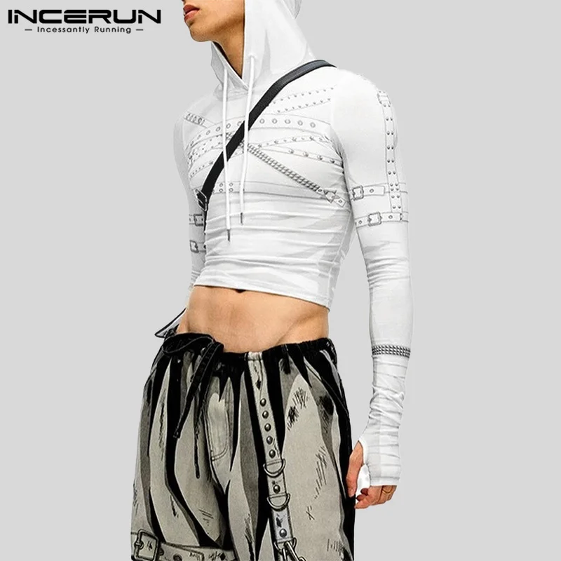 INCERUN kaus pria rajut bertudung motif, atasan lengan panjang kasual longgar Camiseta Harajuku tampan