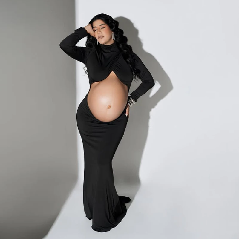Vestido de gravidez fotografia adereços maxi vestido gola alta manga cheia corte barriga bodycon maternidade sessão de fotos para chá de bebê