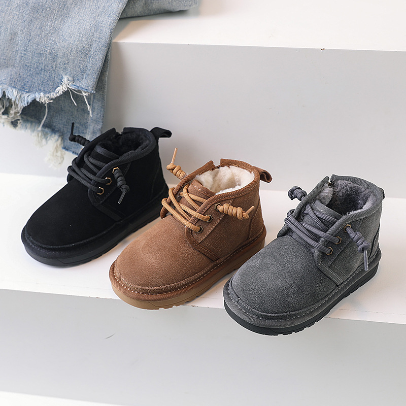 Chlidren botas de neve meninas couro geniune grosso pelúcia quente botas de inverno meninos camurça sola macia antiderrapante sapatos casuais tamanho 21-37
