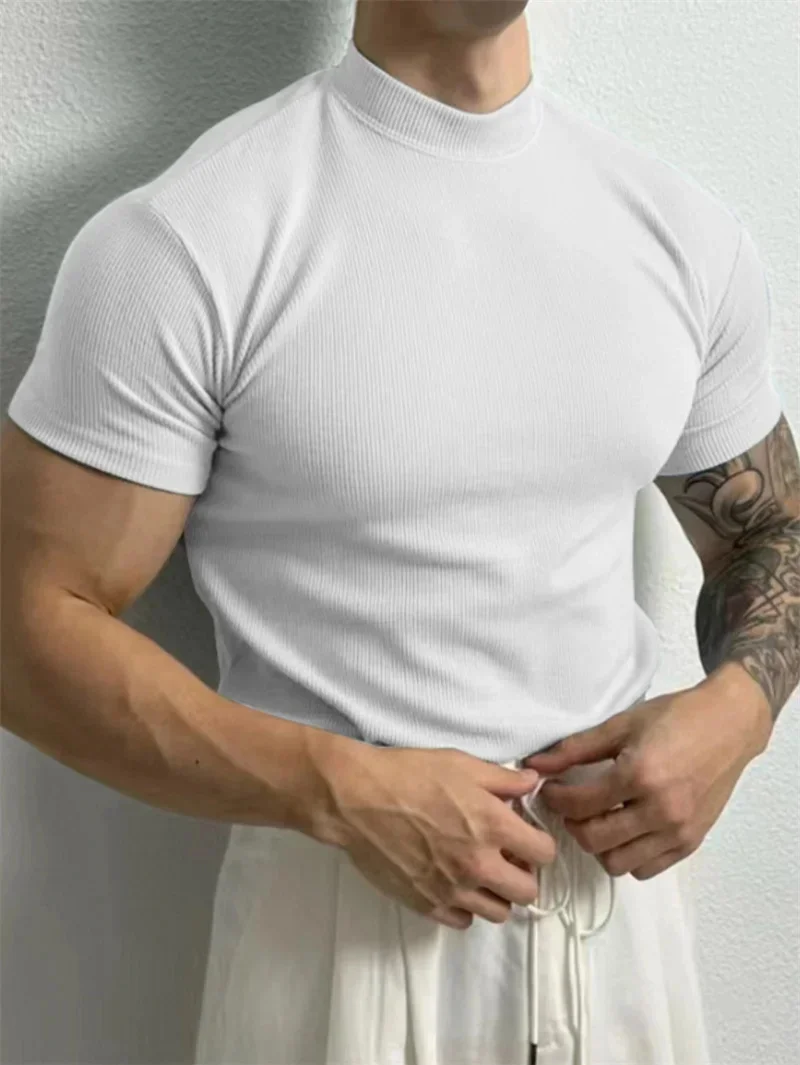 Primavera verão elástico confortável camiseta masculina pequena gola alta listra camisa de manga curta fitness topos esportes casual camiseta
