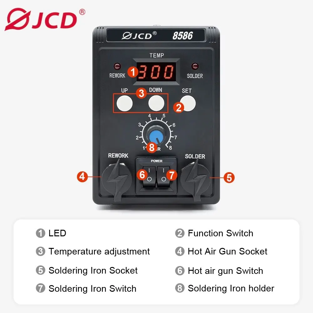 JCD 8586 สถานีบัดกรี 2 In 1 ดิจิตอล ESD เครื่องเป่าลมร้อนปืนความร้อนเชื่อมบัดกรีเหล็ก SMD Desoldering Rework Station เครื่องมือ
