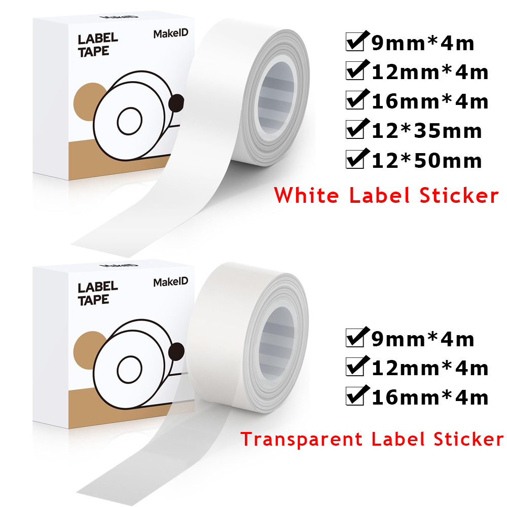 1 rolka biała/przezroczysta 9mm 12mm 16mm papier samoprzylepny do tworzenia etykiet MAKEID M1/L1/E1 Mini/Mini HD laminowana biurowa taśma etykietująca