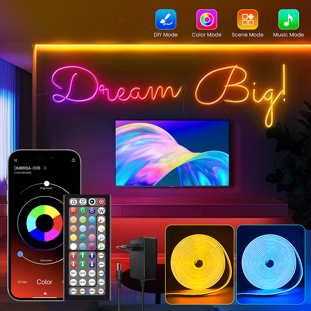 Luces de cuerda de neón, Control de luces de cuerda Led flexibles con aplicación/remoto, luces de cuerda de múltiples modos, luces de neón Led RGB para exteriores IP65 Wa