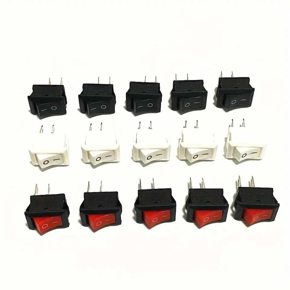 15 peças mini interruptor rocker spst preto e vermelho interruptores botão ac 250v 3a/125v 6a 2 pinos i/o 10*15mm interruptor liga-desliga rocker