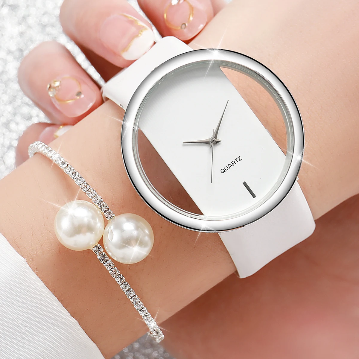 2 pièces/ensemble montre pour femme perle diamant Bracelet ensemble mode cadran creux Bracelet en cuir montres à Quartz (sans boîte)