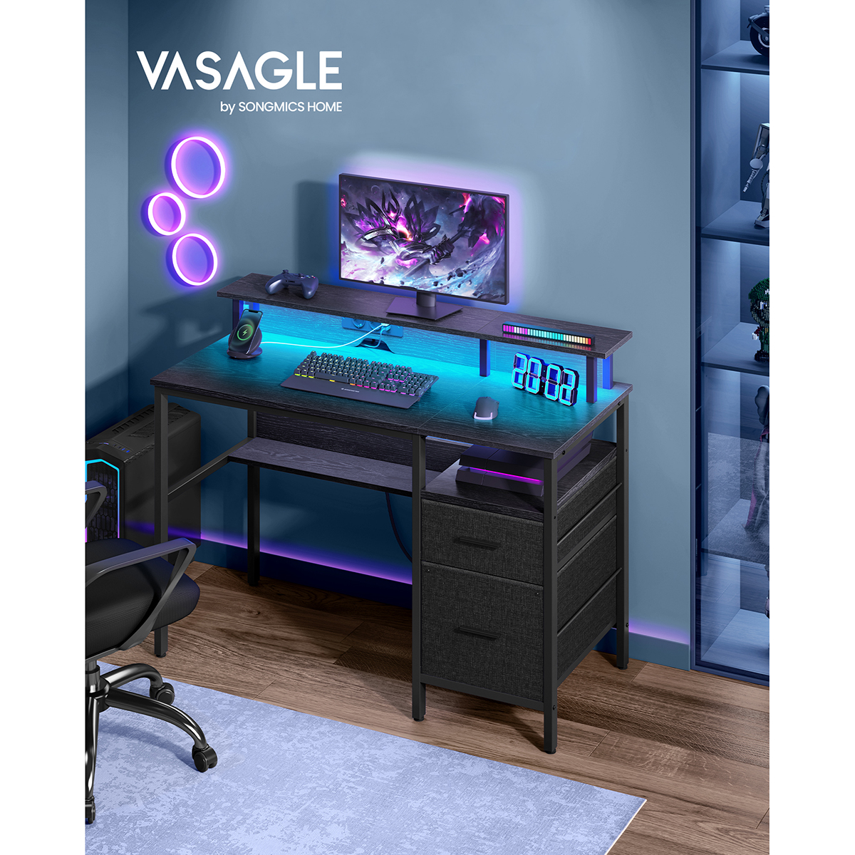 VASAGLE Bureau Gaming avec Lumières LED et Multiprise, Bureau Informatique avec Support d'Écran, Table avec Rangement, 2 Tiroirs en Tissu, 2 Ports USB, pour Bureau