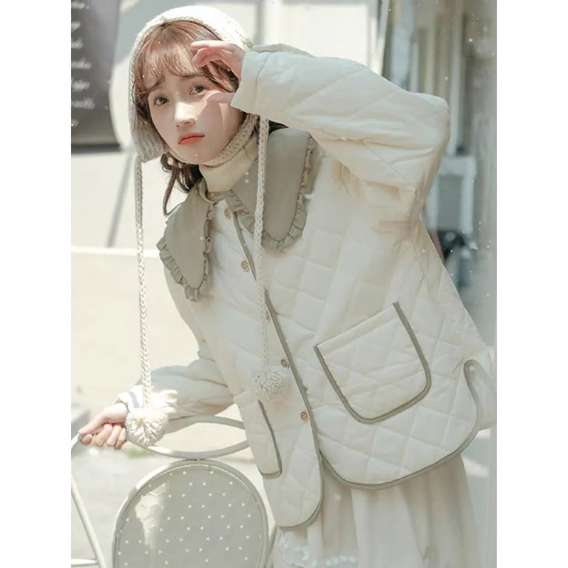 Abrigo de algodón con cuello de muñeca empalmado para mujer, chaqueta gruesa de diseño rómbico para mujer extranjera, abrigo de terciopelo cálido, otoño e invierno, 2025