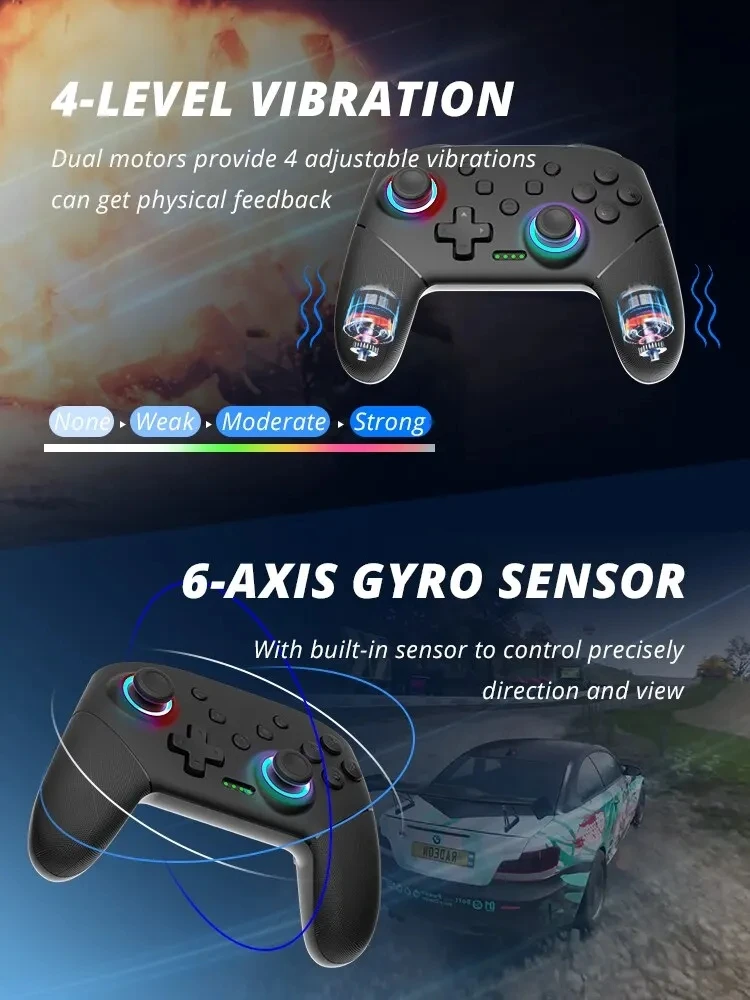 Controlador sem fio rgb para nintendo switch oled/lite console pro gamepad com bateria de 600/1000mah função turbo programável