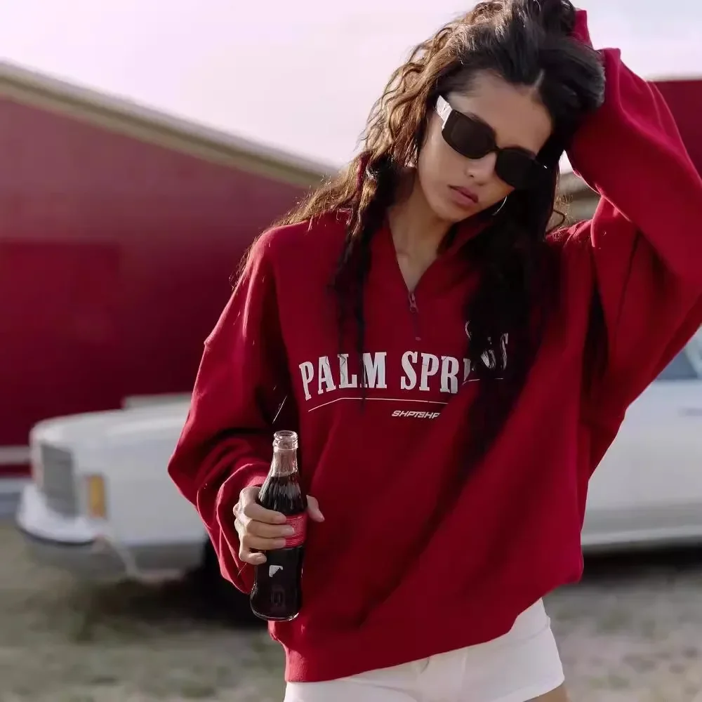 Zekye primavera hoodies feminino carta impressão moletom com capuz vermelho gola alta meio zíper pulôver topos k pop roupas y2k