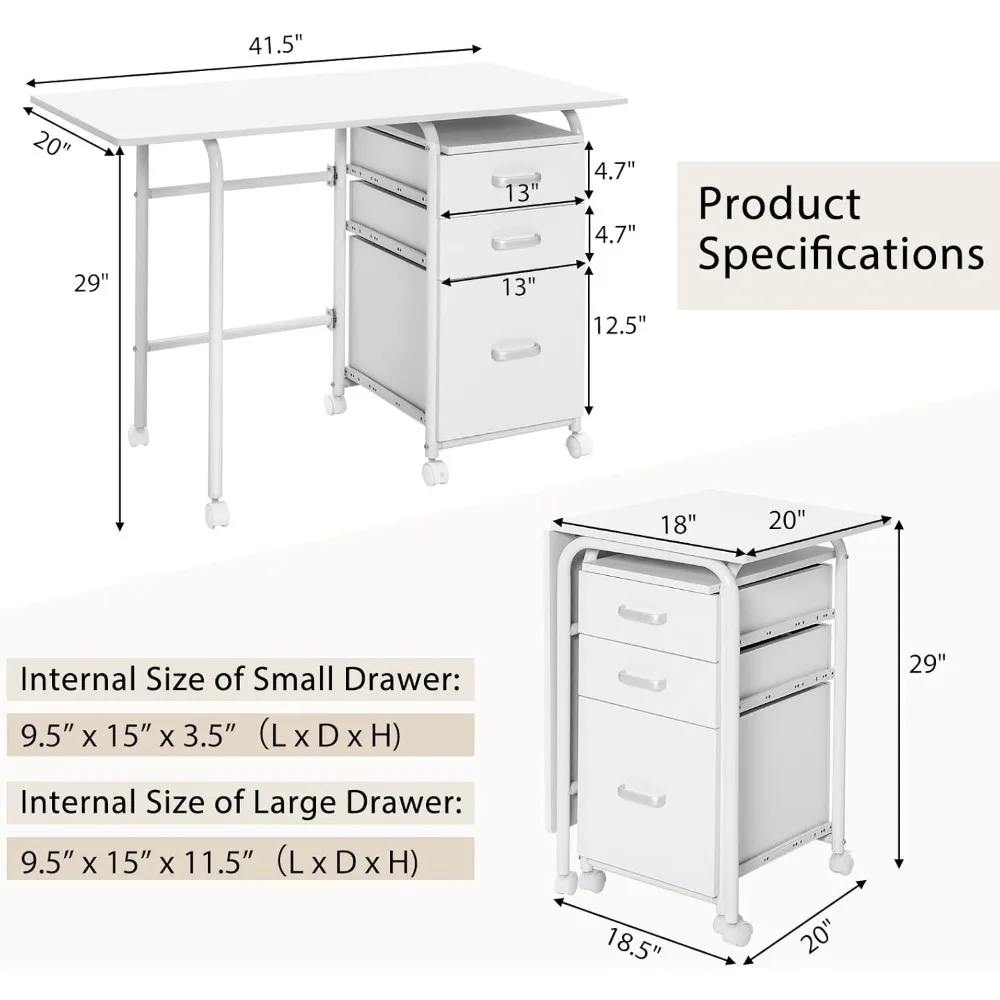 White Folding Desks with 3 Drawers, Mobile Home Office Desks Study Writing Desk with Smooth Wheels, Space Saving Compact Desk
