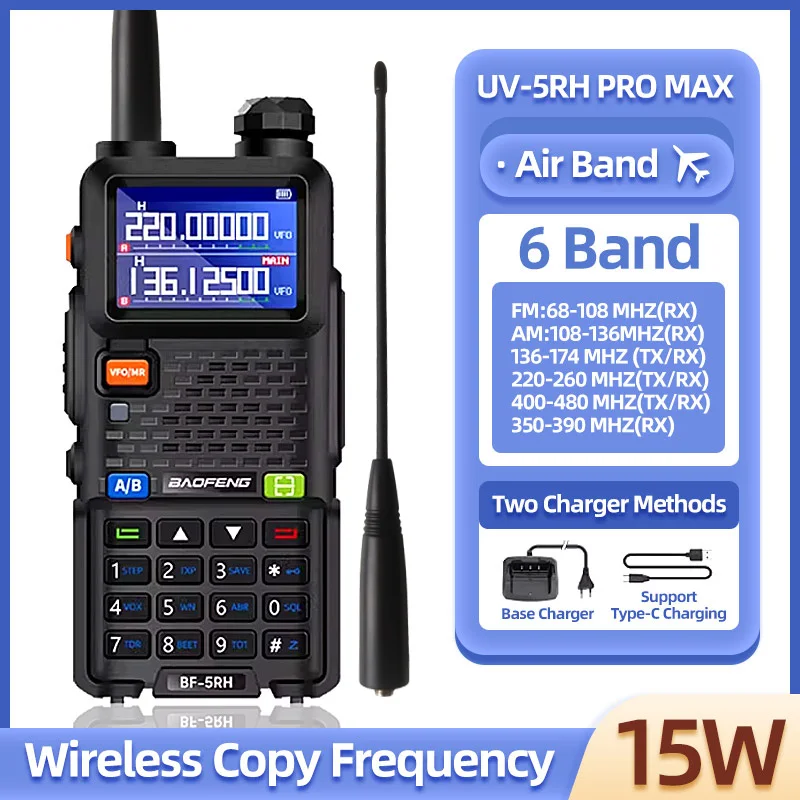 Baofeng walkie talkie UV5RH 15W, frecuencia de replicación inalámbrica de seis bandas, 999CH, transceptor USB, HAM, 50KM