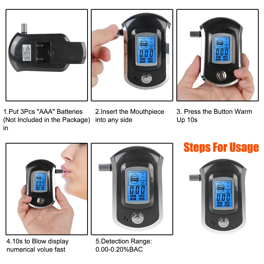 Mini AT6000 เครื่องทดสอบแอลกอฮอล์ในลมหายใจแบบดิจิตอลหน้าจอ LCD Breath Drunk Driving Analyzer Professional