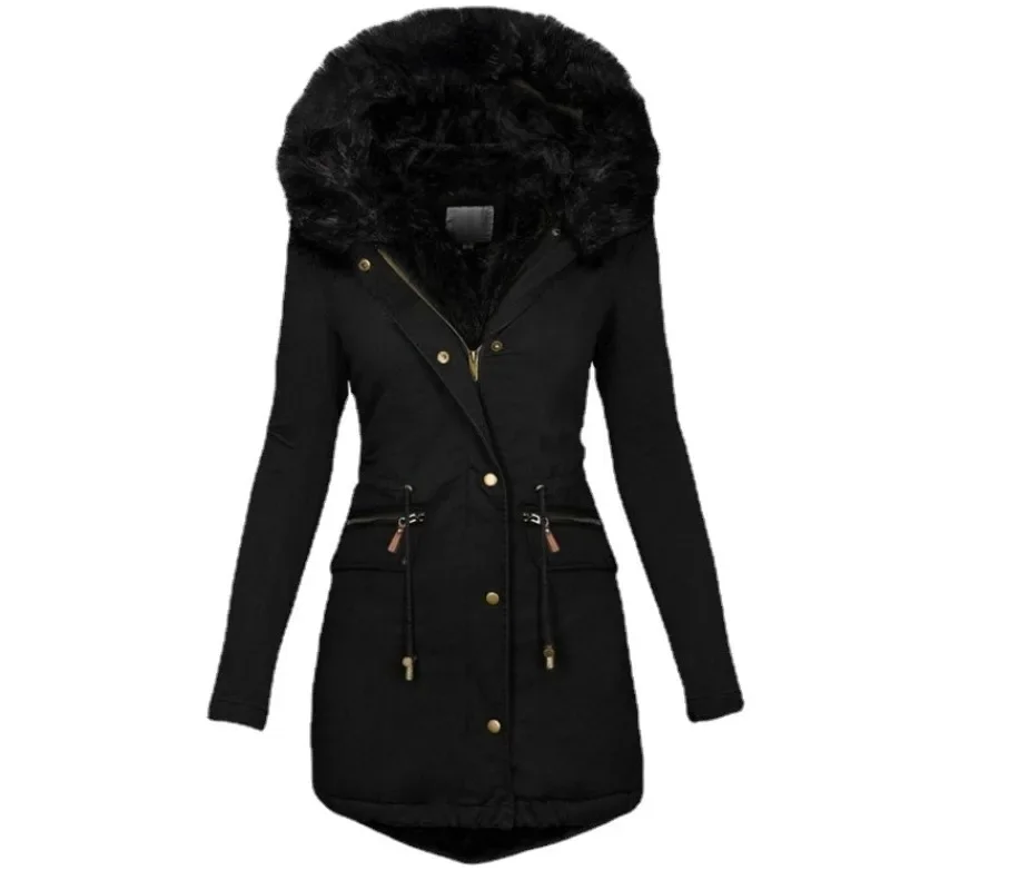 Parkas femininas outono e inverno cor sólida gola de pele com capuz comprimento médio jaqueta de algodão quente para mulheres