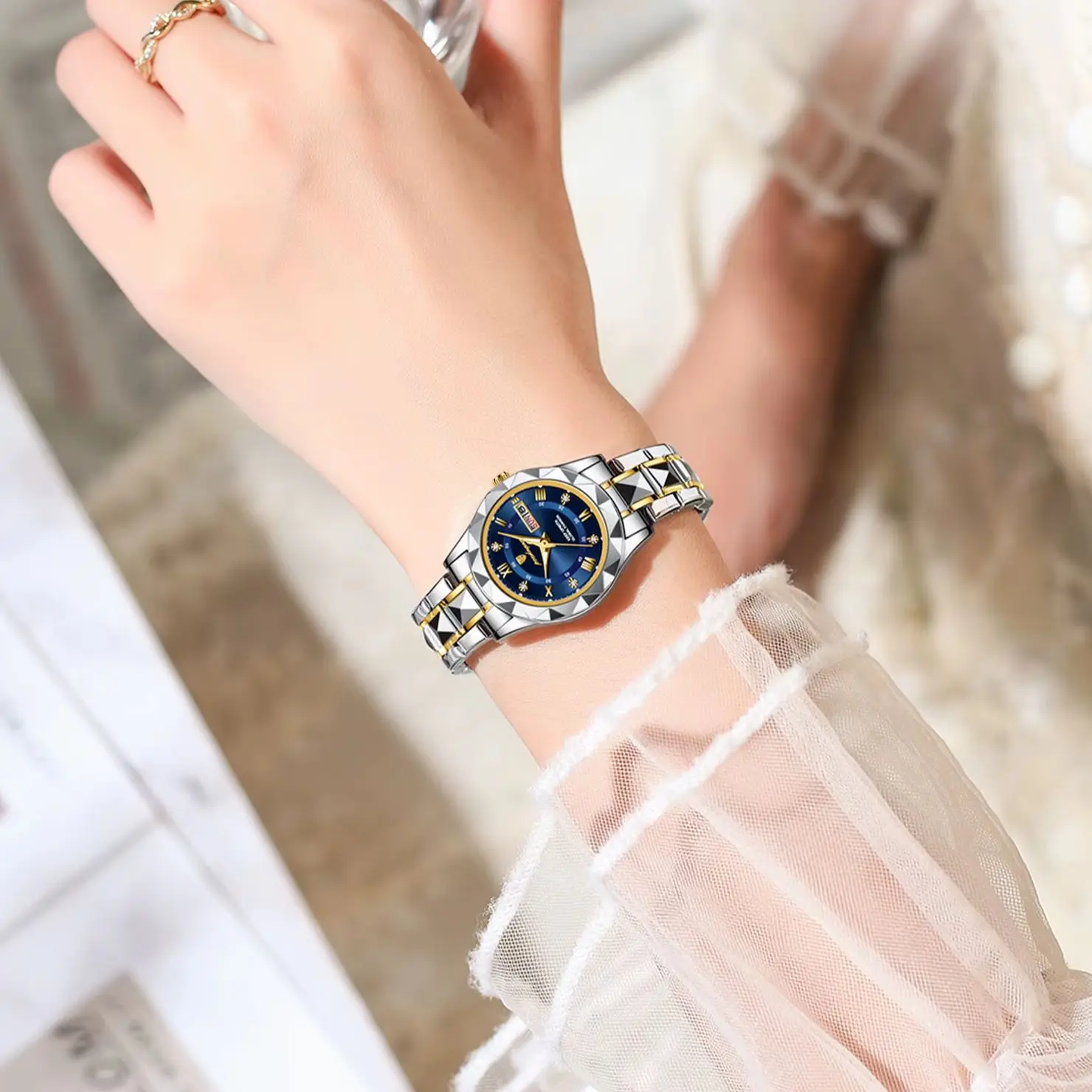 POEDAGAR, reloj elegante de lujo para mujer, reloj de pulsera luminoso resistente al agua con fecha semanal para mujer, relojes de cuarzo de acero inoxidable a la moda para mujer
