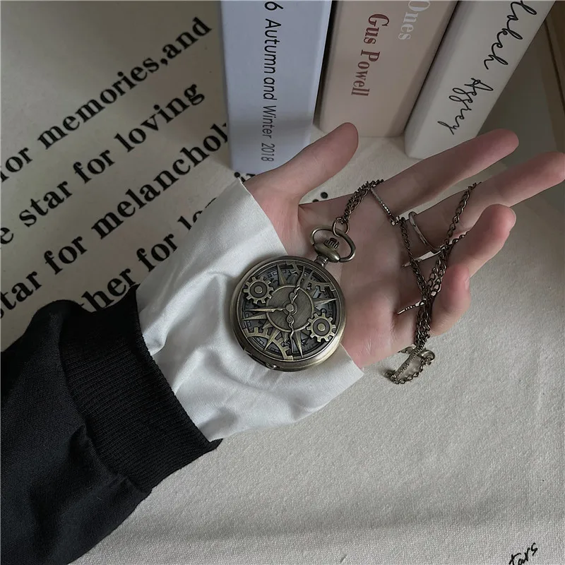 Antyczny Steampunk brązowy pusty mechanizm przekładni kwarcowy zegarek kieszonkowy wisiorek prezent z łańcuszkiem chłopcy mężczyźni