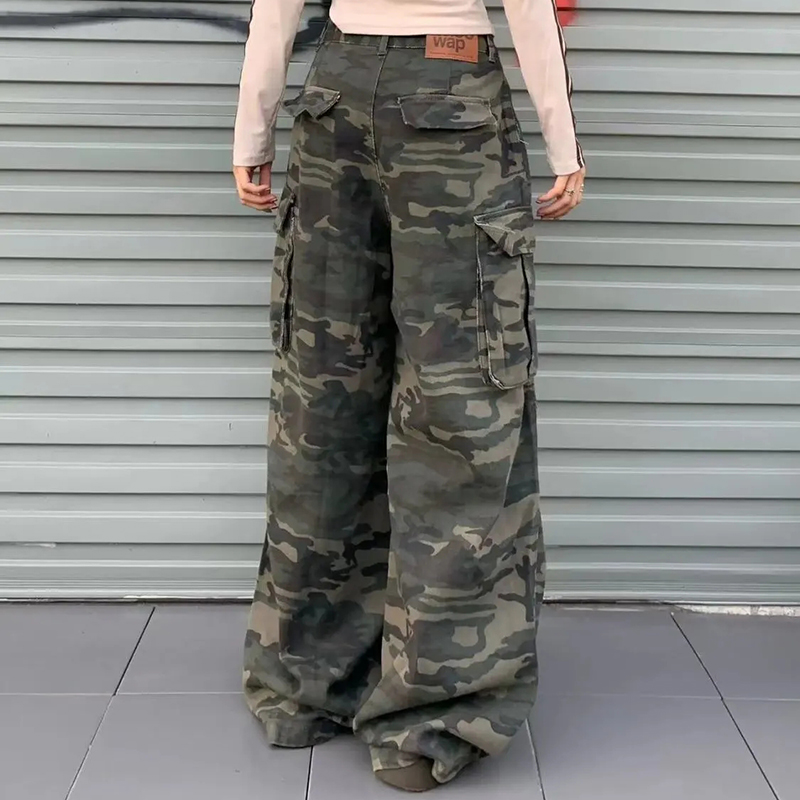 女性 Y2K 迷彩カーゴジーンズヴィンテージハイウエストヒップホップワイドレッグパンツ女性ストリートウェアだぶだぶストレートデニムズボン