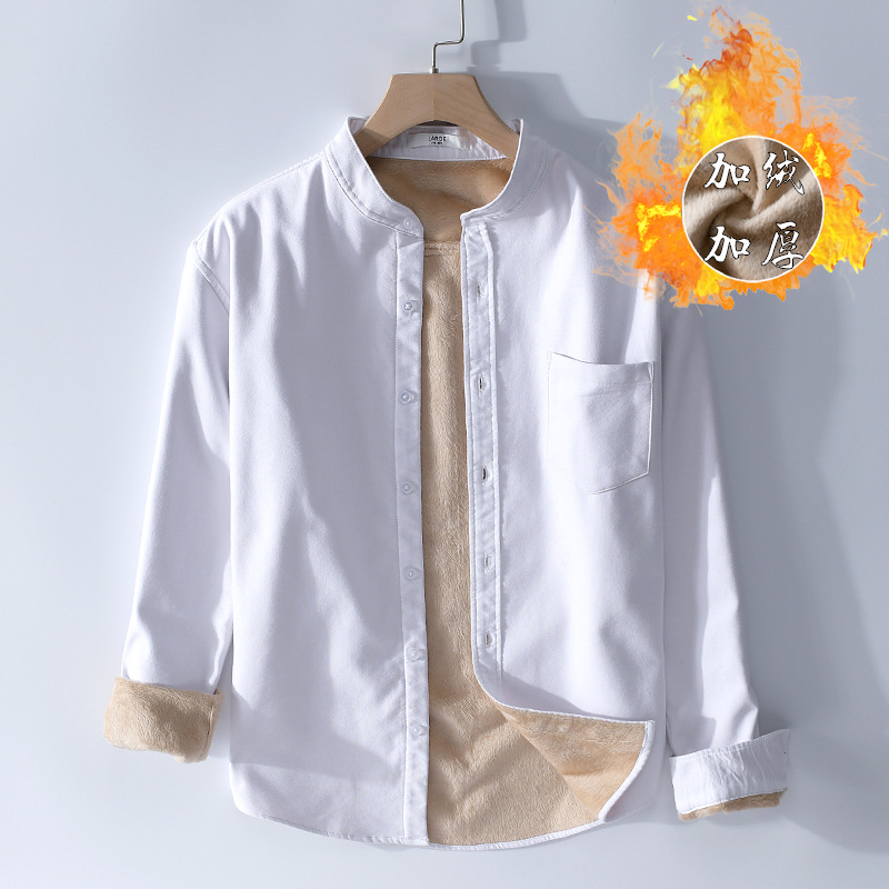 Camisas sencillas de invierno para hombre, camisas informales de uso diario para mantener el calor, camisetas de lana Oxford con cuello levantado sólido, camisa gruesa de estilo coreano