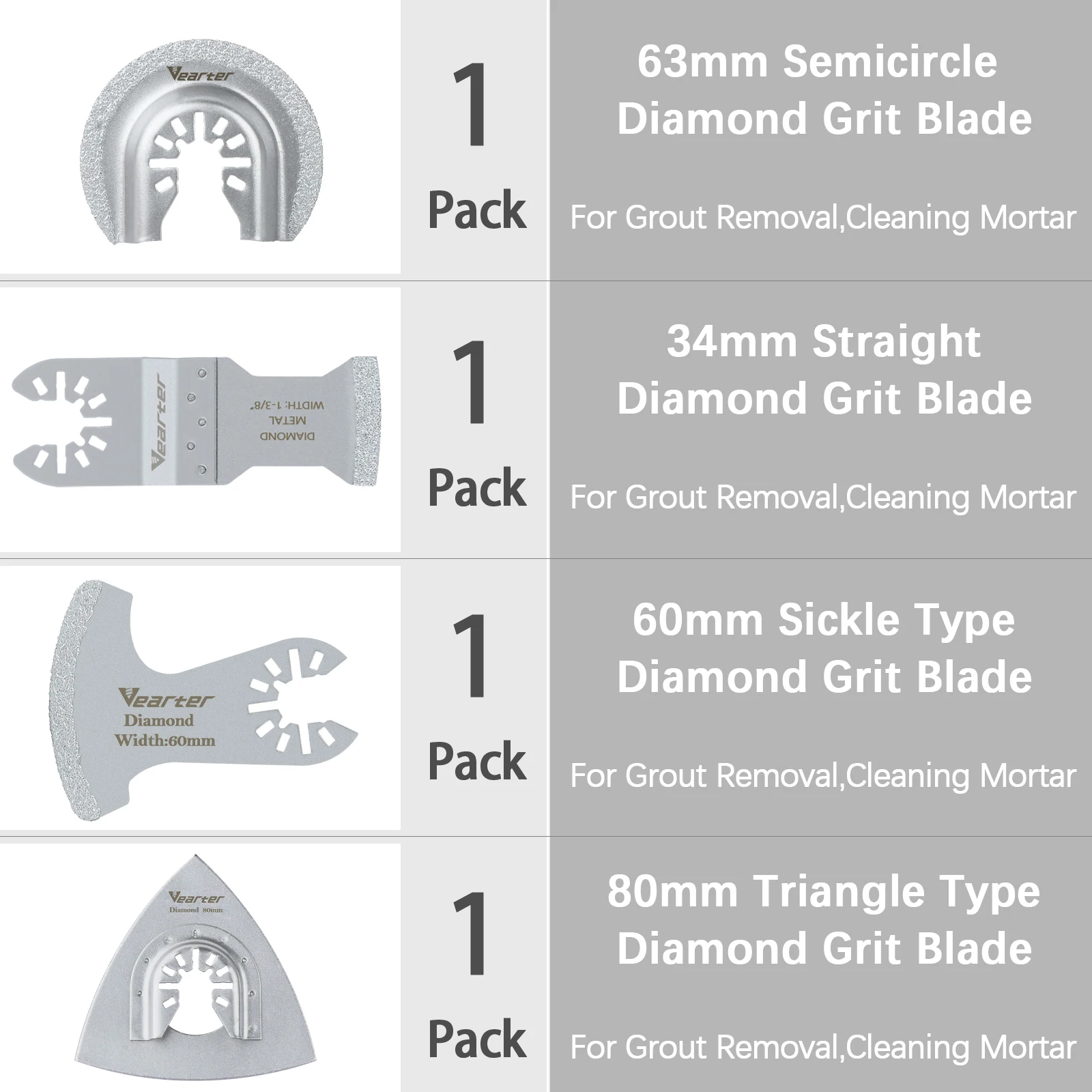 Vearter 4Pcs/Set Vacuum Brazed Diamond Segment Swing Multi-tool Oscillating Blade Mortar Cutting Tools Precise for Grout Removal