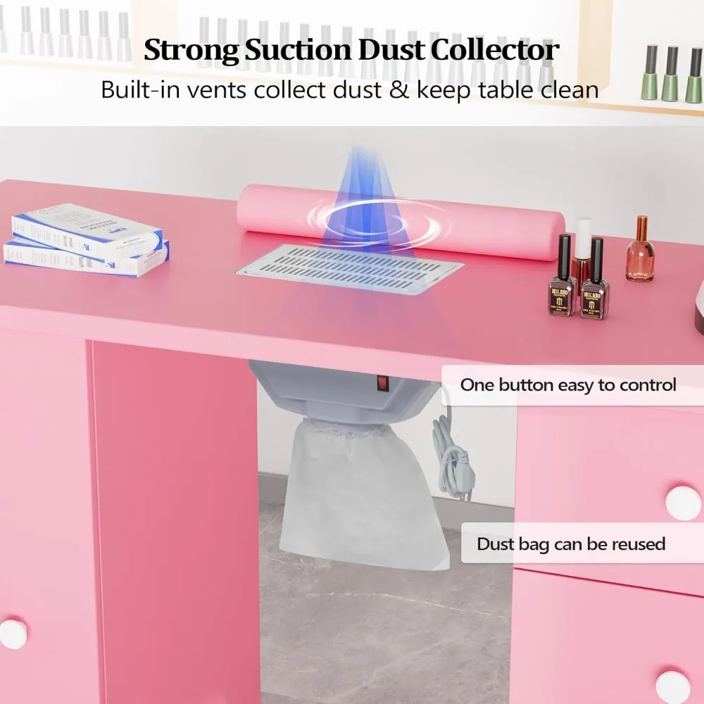 Manicure Table Nail Desk for Nail Tech, Nail Table Beauty Salon Tech Station w/Electric Downdraft Vent, Lockable Wheels