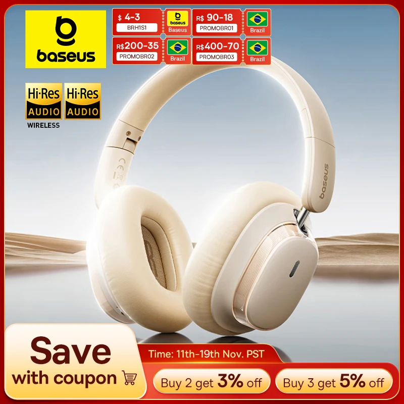 Baseus bowie h1s fones de ouvido sem fio bluetooth 5.4 cancelamento de ruído 46db sobre a orelha fone de ouvido de áudio espacial de alta resolução 120h tempo