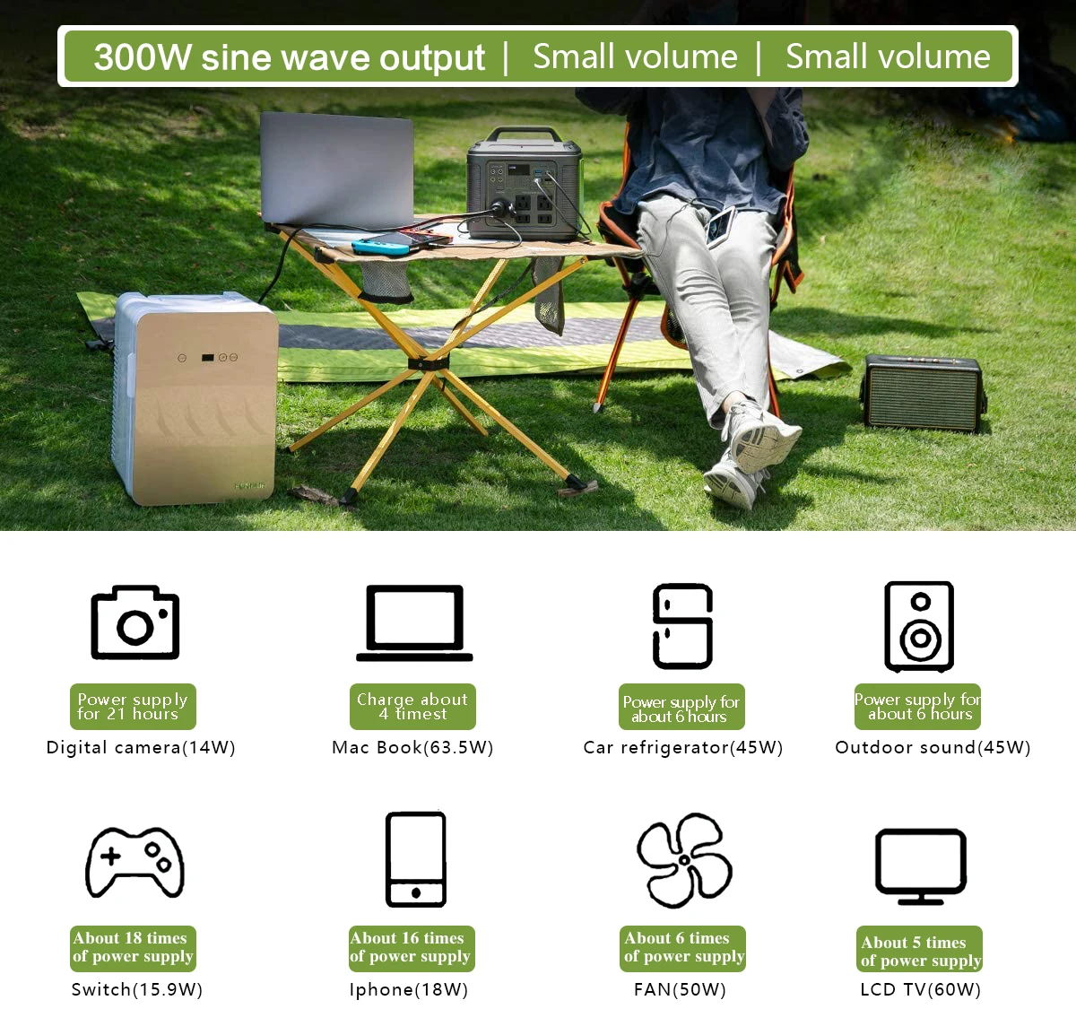 屋外キャンプ用太陽光発電機、発電所、ポータブル、300w