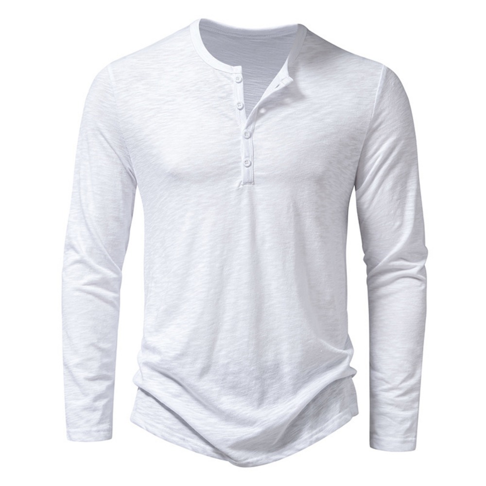 Herren-Hemd aus Baumwolle mit Henley-Ausschnitt, langärmelig, lässig, mit Knöpfen, einfarbig, modische T-Shirts