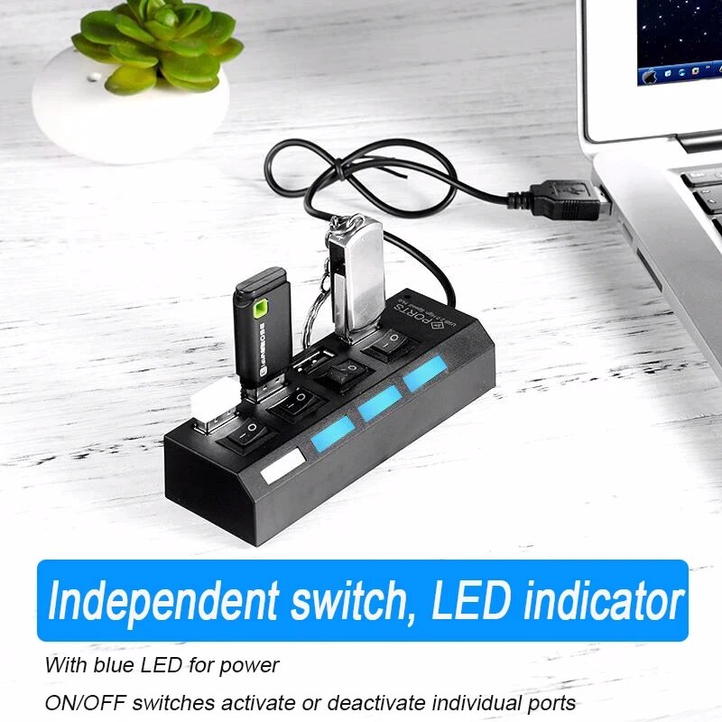 Airies USB haute vitesse 2.0, extenseur d'adaptateur, répartiteur multiple USB, prolongateur multiple, lampe de commutation LED pour PC, ordinateur portable, 4 ports, 7 ports
