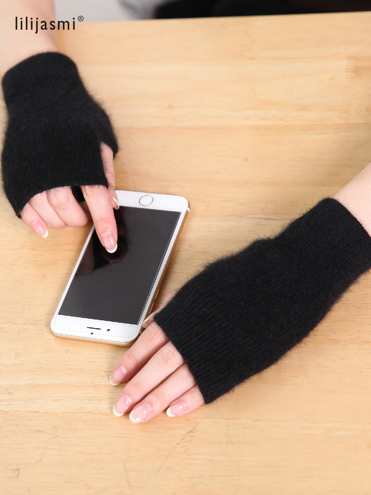 Guantes de Cachemira de visón para mujer, manoplas cálidas sin dedos de lana de mapache, hasta la muñeca, con agujero para el pulgar, coreanas, encantadoras, para otoño e invierno