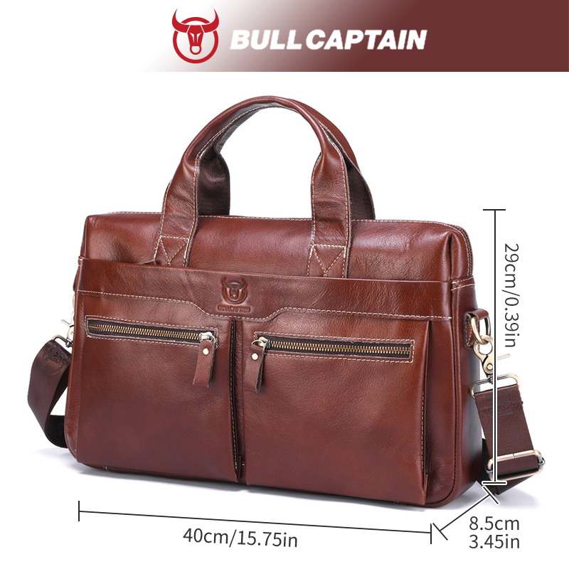 BULLCAPTAIN-maletín de hombro de cuero genuino para hombre, bolso de mano de 14 pulgadas para ordenador portátil, maletín Simple de moda para oficina y negocios
