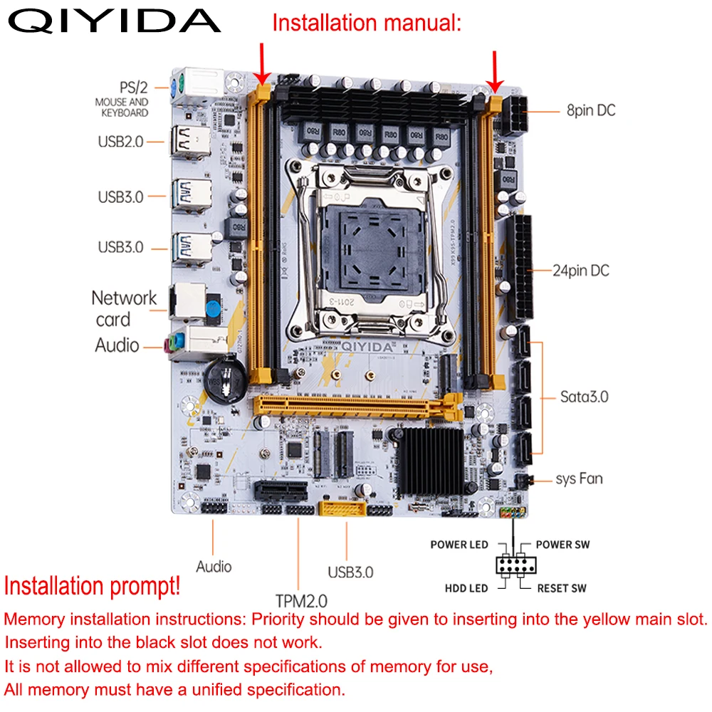 QIYIDA X99 Motherboard LGA2011-3 Slot SATA3.0 USB3.0 NVME M.2 NGFF WIFI Support DDR4 Memory and Xeon E5 V3 V4 Processor TPM14PIN