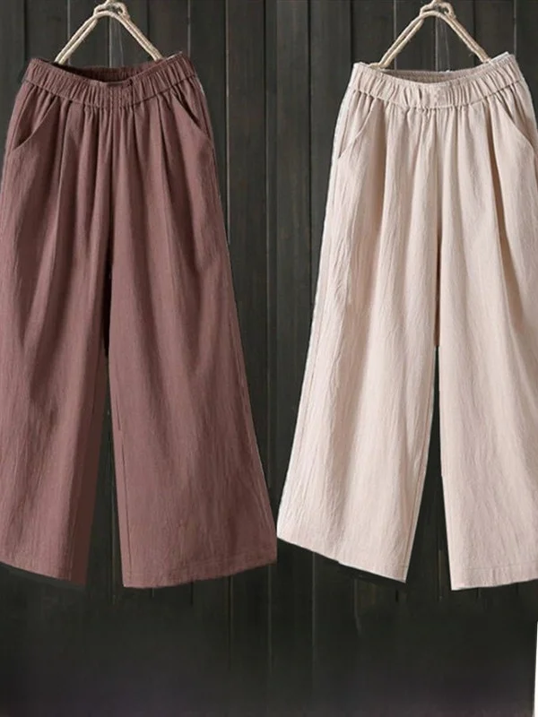 Calças de Aodão Puro de Perna Larga Fenas, Soltas para o Verão, Tamanho ande, Contendo Aodão, Calças Casuais de Nov...