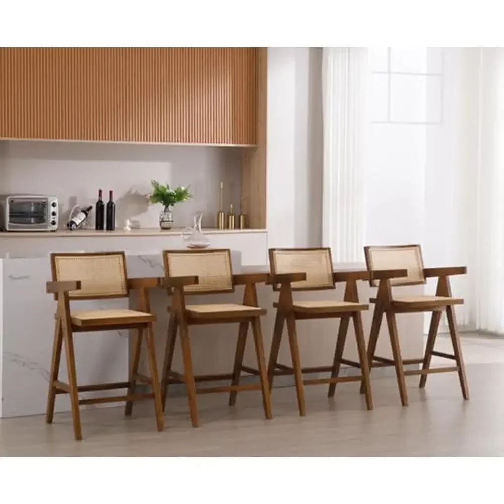 Set of 4 Wooden Farmhouse Barstools with Rattan Woven Back/Arms Kitchen Island Chic Boho Design High-Quality Materials Ultimate