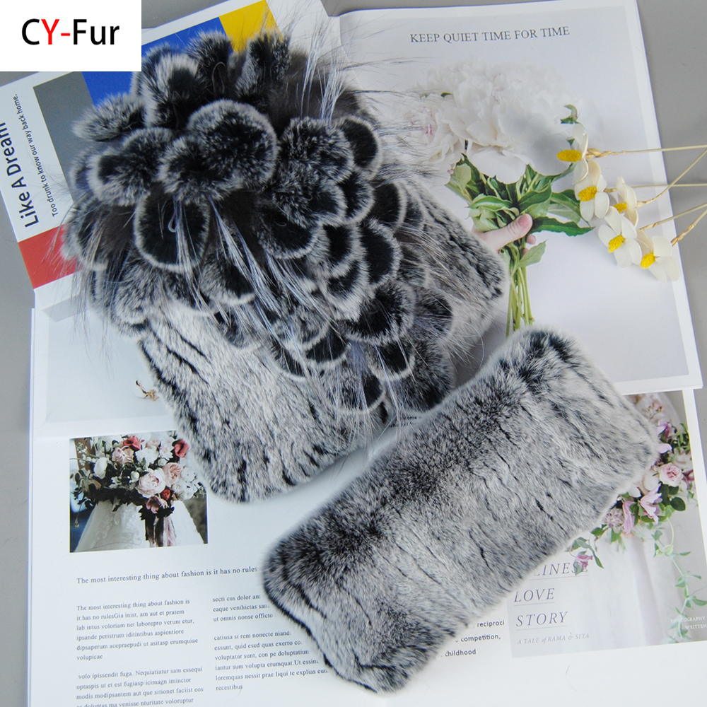 Nuevo estilo, gorros de piel tejidos para mujer, silenciador, 2 piezas, gorro de piel de conejo Rex cálido para mujer, conjuntos de bufanda, gorro de piel de conejo Rex Natural para invierno, bufandas
