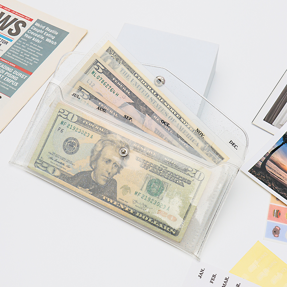 Carteiras de orçamento de envelope de dinheiro com adesivos mensais e bolsos divisores com envelopes de dinheiro de 6 abas para orçamento de planejador de contas