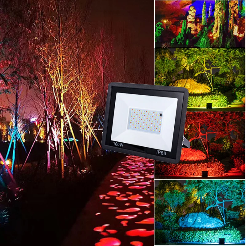 Timeable RGB LED Floodlight Outdoor IP66 Waterproof Path Light AC220V 10W 30W 50W 100W Garden Porch Courtyard Lamp with Remote
