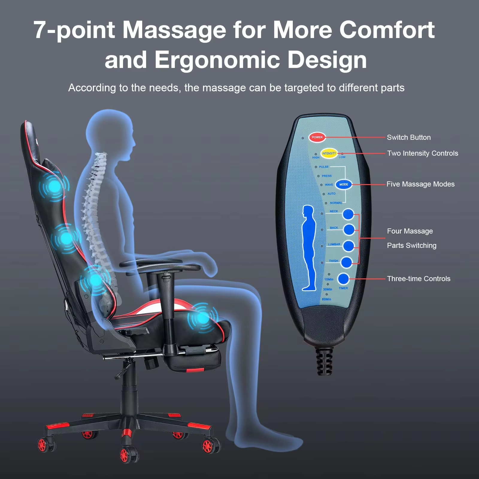 GC-RC03 Massage-gamingstoel 7-punts verstelbare zithoogte Ergonomische bureaustoel met voetsteun en lendensteun voor thuiskantoor