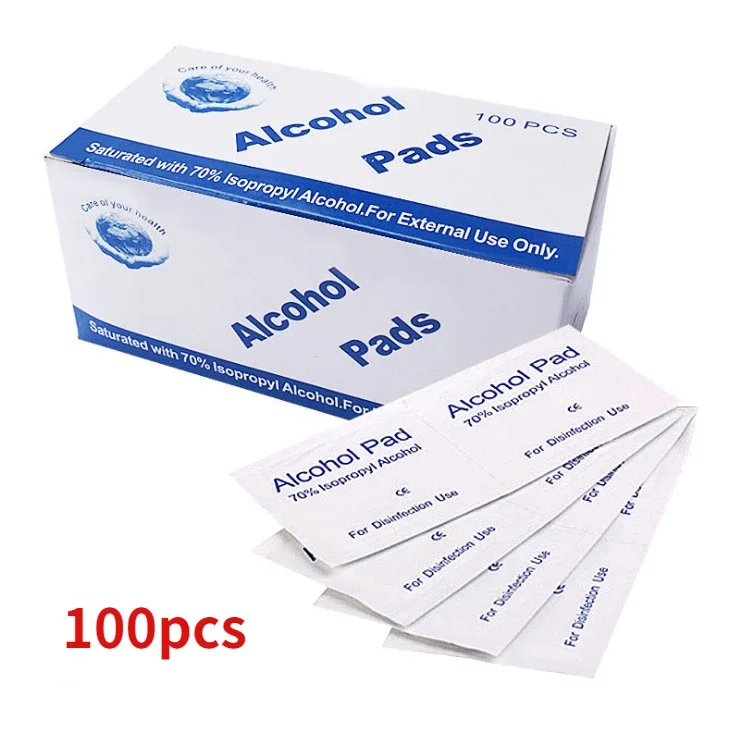 Almohadillas de algodón con Alcohol de 100 piezas, toallitas desinfectantes para exteriores, equipo de desinfección, paquete de Alcohol para limpieza de uñas, esterilización de algodón