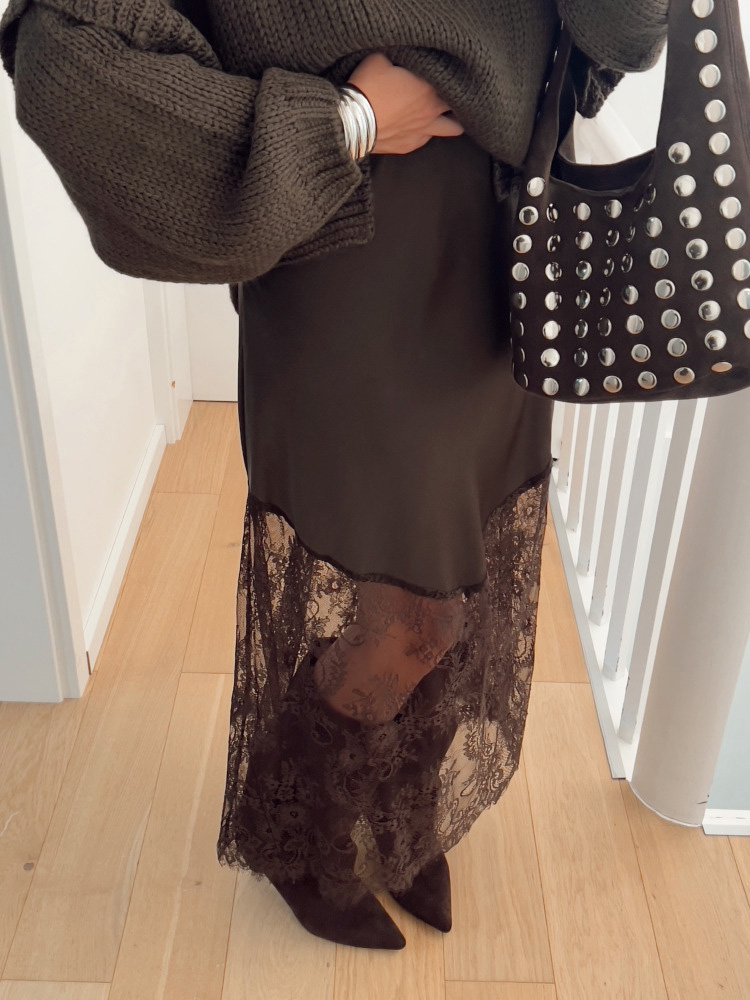 Trendix mulheres retalhos saias de renda 2025 nova cintura alta magro oco para fora maxi saias outono marrom moda festa clube boho saia
