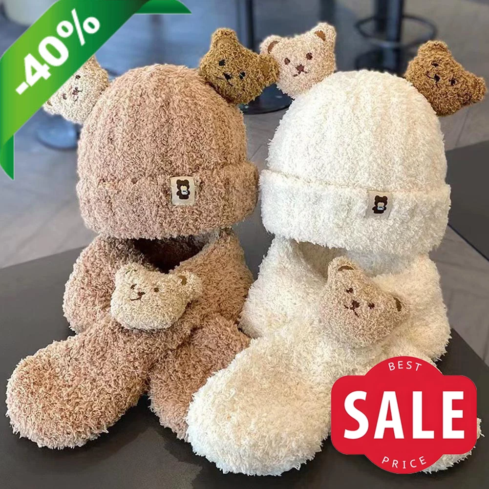 Conjunto de bufanda y gorro de invierno de oso esponjoso para niños pequeños de 3 meses a 1,5 años, gorros de calavera con capucha de lana gruesa, traje cálido para niños