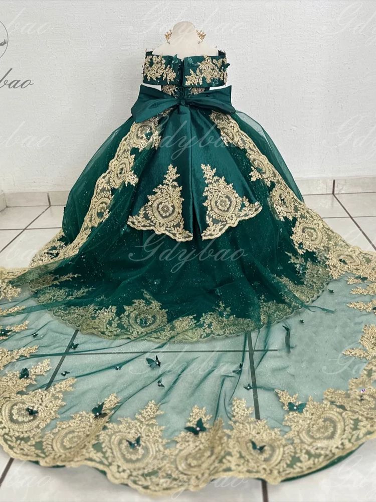 Königsblaues wunderschönes Blumenmädchenkleid mit Schleife, schulterfrei, goldene Applikationen, Kindergeburtstagsparty-Kleider, elegantes Kinderkleid