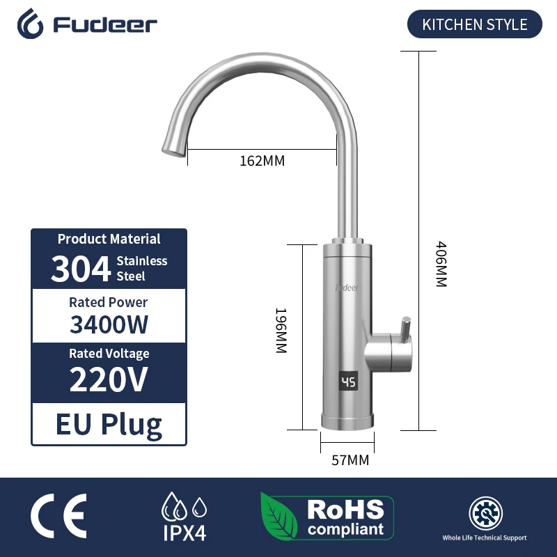 Fudeer 3400W 220V Rubinetto scaldabagno elettrico da cucina Rubinetto istantaneo per acqua calda in acciaio inossidabile Riscaldatore Rubinetto per riscaldamento freddo