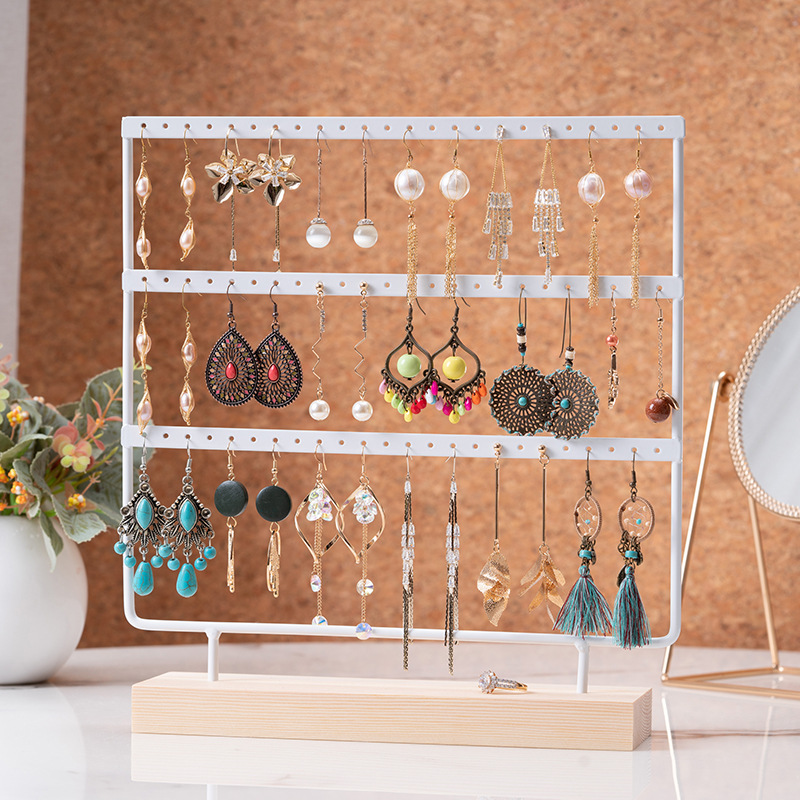 3-Tiers 72 Holes Earring Display Holder,Metal 3 Layers Jewelry Storage Organizer Wood Base Stand Tree,Ear Stud Rack Gift