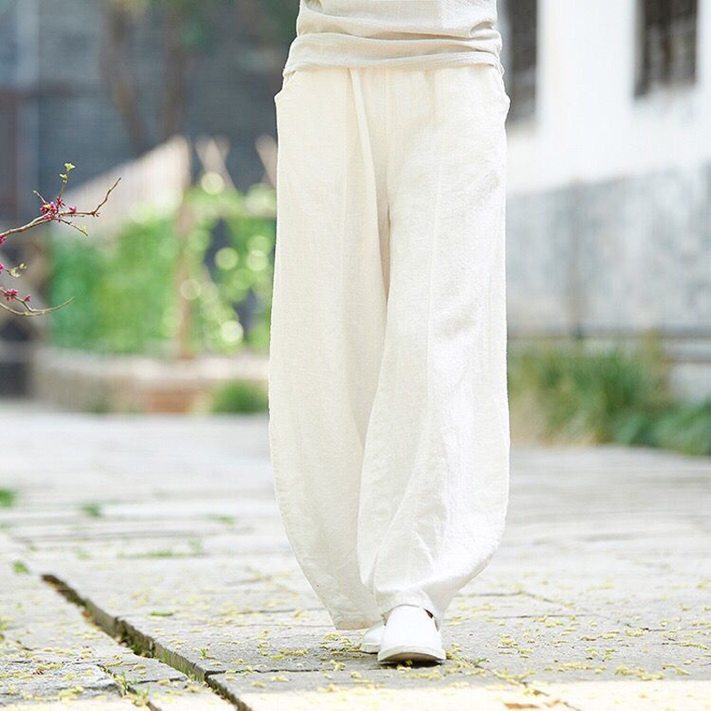 Cotton Linen Bloomers Wide Leg Pants Women Vintage Full Length Fashion Elegent Pants Solid Elasitic Waist Spring Autumn 5XL